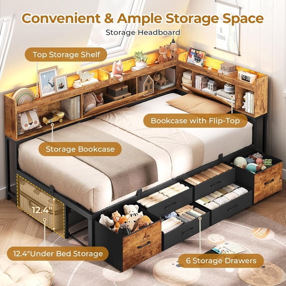 Twin Size Daybed with Storage Bookcase & 6 Drawers, Corner Metal Platform Bed with Charging Station and LED Lights for Bedroom, Vintage Brown