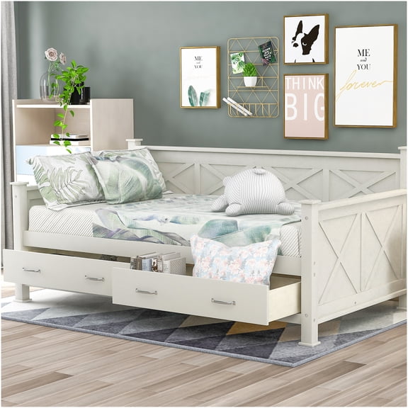 Twin Size Daybed with Storage Drawers, Farmhouse Sofa Bed with No Box Spring Needed, Cream White Wooden Frame