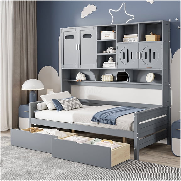 Gray Twin Daybed with Storage Drawers and Shelves, No Box Spring Required Wood Platform Bed