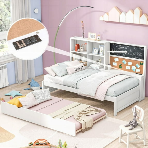 Twin Size Daybed with Storage Shelves & USB Ports, Blackboard & Cork Board, Twin Trundle in White