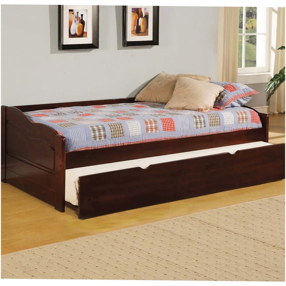 Twin Size Daybed with Trundle, Cherry Finish Low Profile Platform Bed Frame for Small Spaces