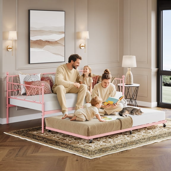 Twin Size Daybed with Trundle, Heavy Duty Metal Bed Frame, Twin Size Metal Sofa Bed for Living Room Guest Room, No Box Spring Needed, Pink