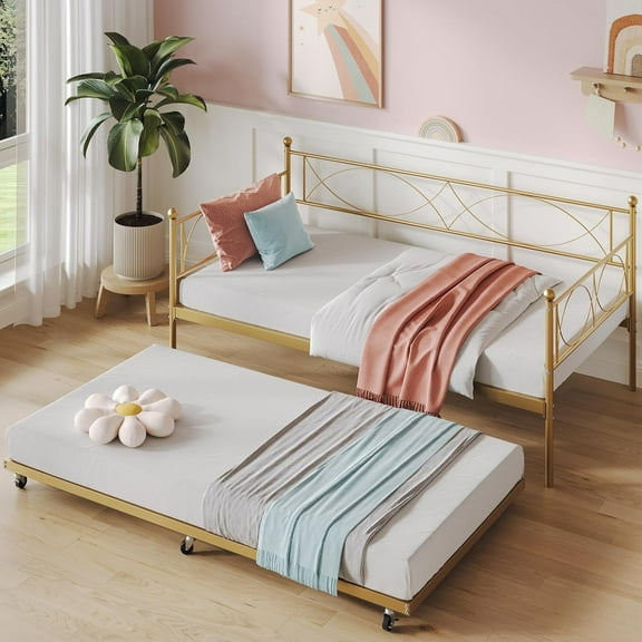 Twin Size Daybed with Trundle - Metal Daybed Frame with Steel Slats, Headboard & Roll-Out Bed, Space-Saving Sleeper Sofa (Gold Sets)