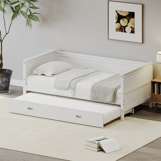 Twin Size Daybed with Trundle, Solid Wood Daybed Frame for Kids Teens Guests, Space Saving Twin Bed for Bedroom