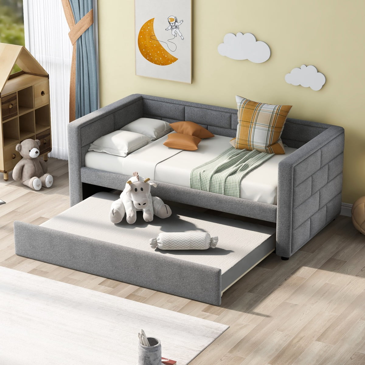 Gray Upholstered Twin Daybed with Pine Wood Frame and Trundle