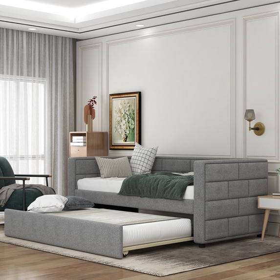 Twin Size Daybed with Trundle, Upholstered Frame with Padded Back, Gray