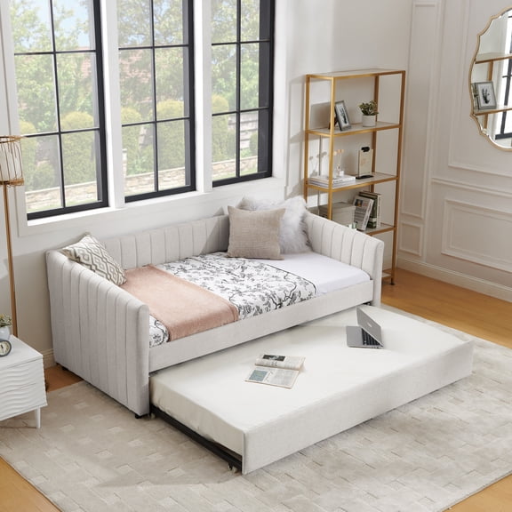 Twin Size Daybed with Trundle Upholstered Sofa Bed, Linen Fabric Vertical Stripes Beige 82.5x43x30 Inches, No Box Spring Needed