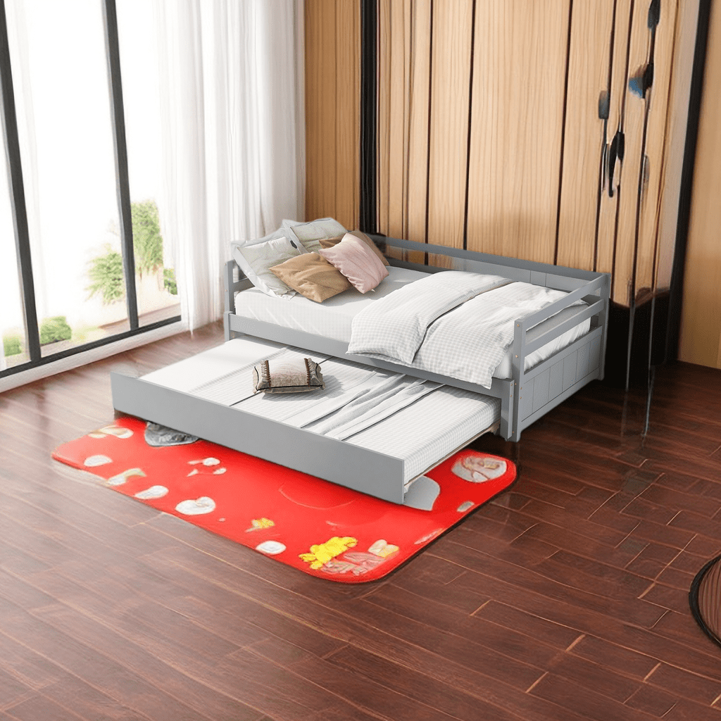 Twin Size Daybed with Trundle, Wood Extendable Day Bed Frame Twin to