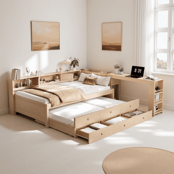 Twin Size Daybed with Trundle and Desk, Wood Daybed Frame with Storage Drawers and Side Shelves, Pull-Out Guest Bed, No Box Spring Needed,Golden.