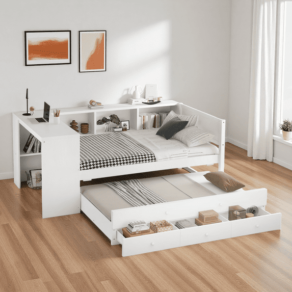Twin Size Daybed with Trundle and Desk, Wood Daybed Frame with Storage Drawers and Side Shelves, Pull-Out Guest Bed, No Box Spring Needed, White