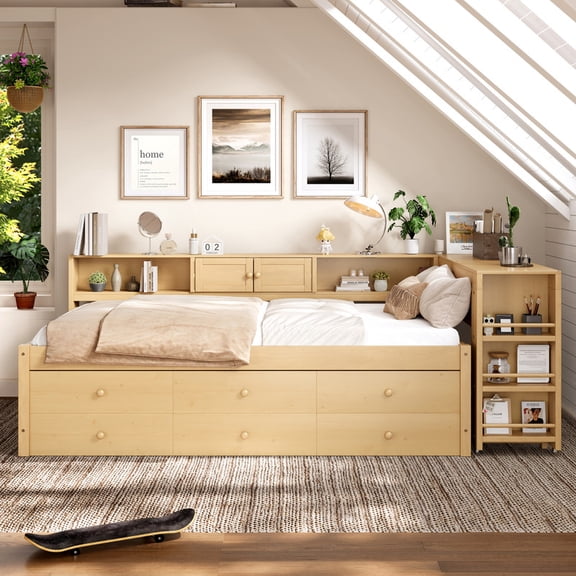 Twin Size Daybed with Trundle and Drawers, Wood Daybed Frame with Side Shelves and Desk