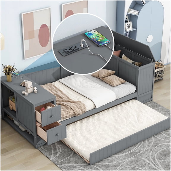 Twin Size Daybed with Trundle and Storage, USB Charging Station, Low Profile Grey Wood Platform Bed