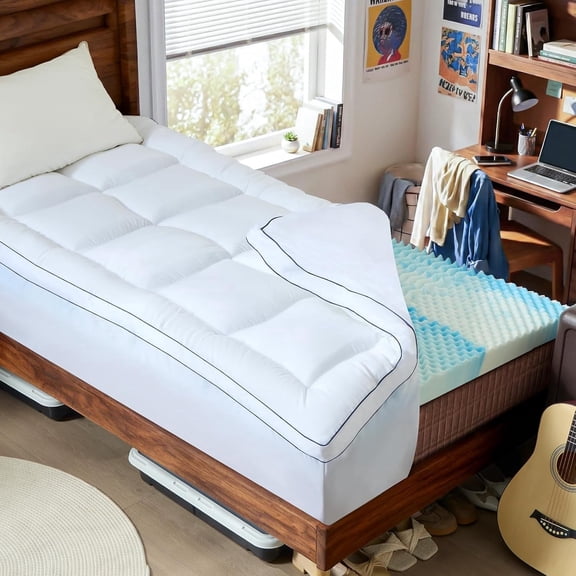 Twin Size Dual Layer 4 Inch Memory Foam Mattress Topper, 2 Inch Fluffy Soft Pillow Top Mattress Pad Cover and 2 Inch Gel Memory Foam for Back Pain Relief, Breathable, Cooling