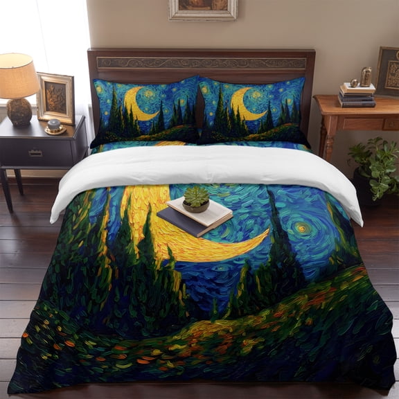 Twin Size Duvet Cover 4 Piece Bedding Set Abstract Moon Night Valley Forest Bed Sheet Sets Soft Microfiber Comforter Cover with Flat Sheet 2 Pillow Shams
