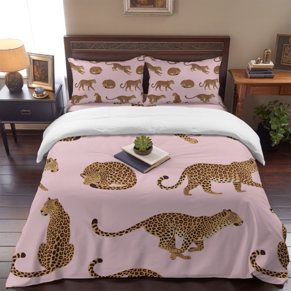 Twin Size Duvet Cover 4 Piece Bedding Set Abstract Panthers on Pink Bed Sheet Sets Soft Microfiber Comforter Cover with Flat Sheet 2 Pillow Shams