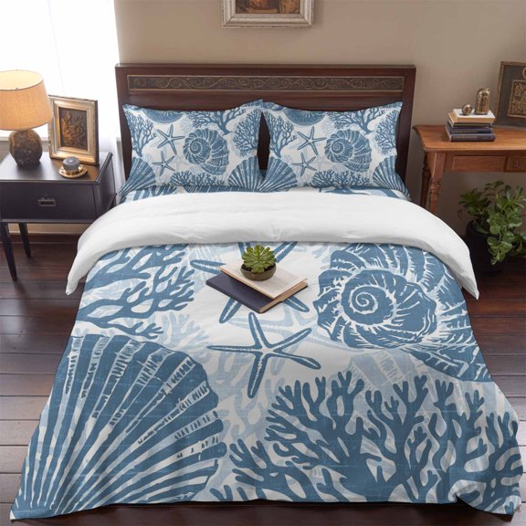 Twin Size Duvet Cover 4 Piece Bedding Set Coastal Slate Blue Sea Shells Starfish Bed Sheet Sets Soft Microfiber Comforter Cover with Flat Sheet 2 Pillow Shams