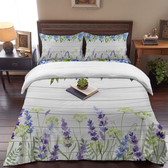 Twin Size Duvet Cover 4 Piece Bedding Set Country Lavender Hydrangea Bed Sheet Sets Soft Microfiber Comforter Cover with Flat Sheet 2 Pillow Shams