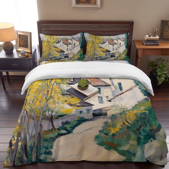 Twin Size Duvet Cover 4 Piece Bedding Set Country Road Mediterranean Villas Bed Sheet Sets Soft Microfiber Comforter Cover with Flat Sheet 2 Pillow Shams
