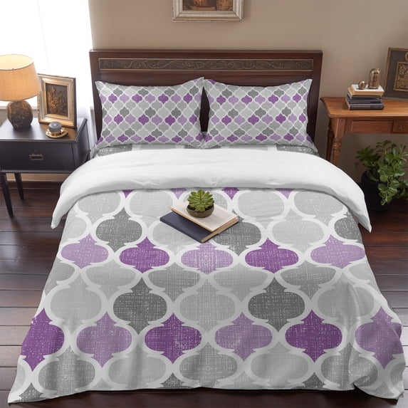 Twin Size Duvet Cover 4 Piece Bedding Set Purple Grey Morocco Lattice Bed Sheet Sets Soft Microfiber Comforter Cover with Flat Sheet 2 Pillow Shams