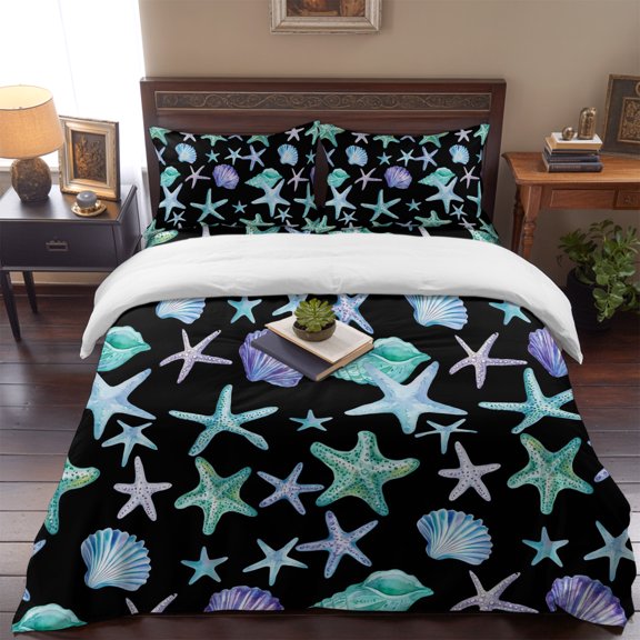 Twin Size Duvet Cover 4 Piece Bedding Set Summer Ocean Starfish Scallop Bed Sheet Sets Soft Microfiber Comforter Cover with Flat Sheet 2 Pillow Shams