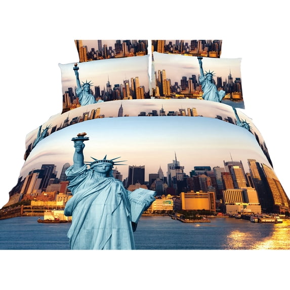 Twin Size Duvet Cover Sheets Set - Statue of Liberty