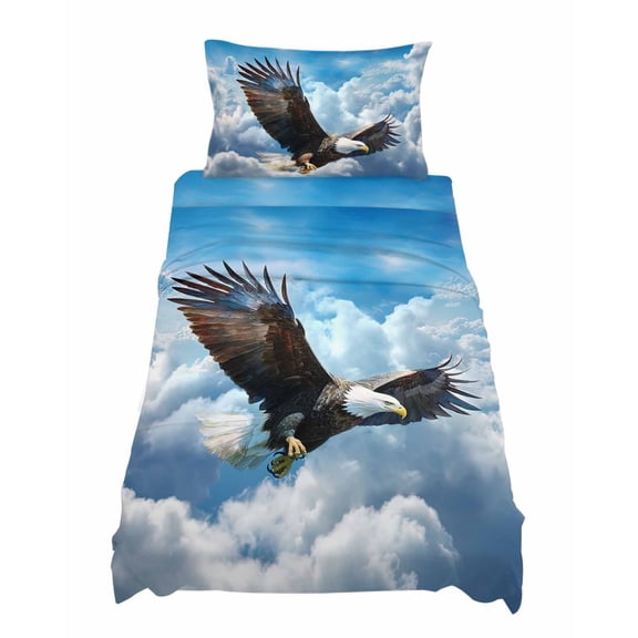Twin Size Eagle Flying Sheet Sets Blue Sky Clouds Wings Eagle Animal Soft Breathable Microfiber Bed Sheets Deep Pockets 4 Piece Bed Sheets Set, 1 Fitted Sheet, 1 Flat Sheet & 1 Pillowcases