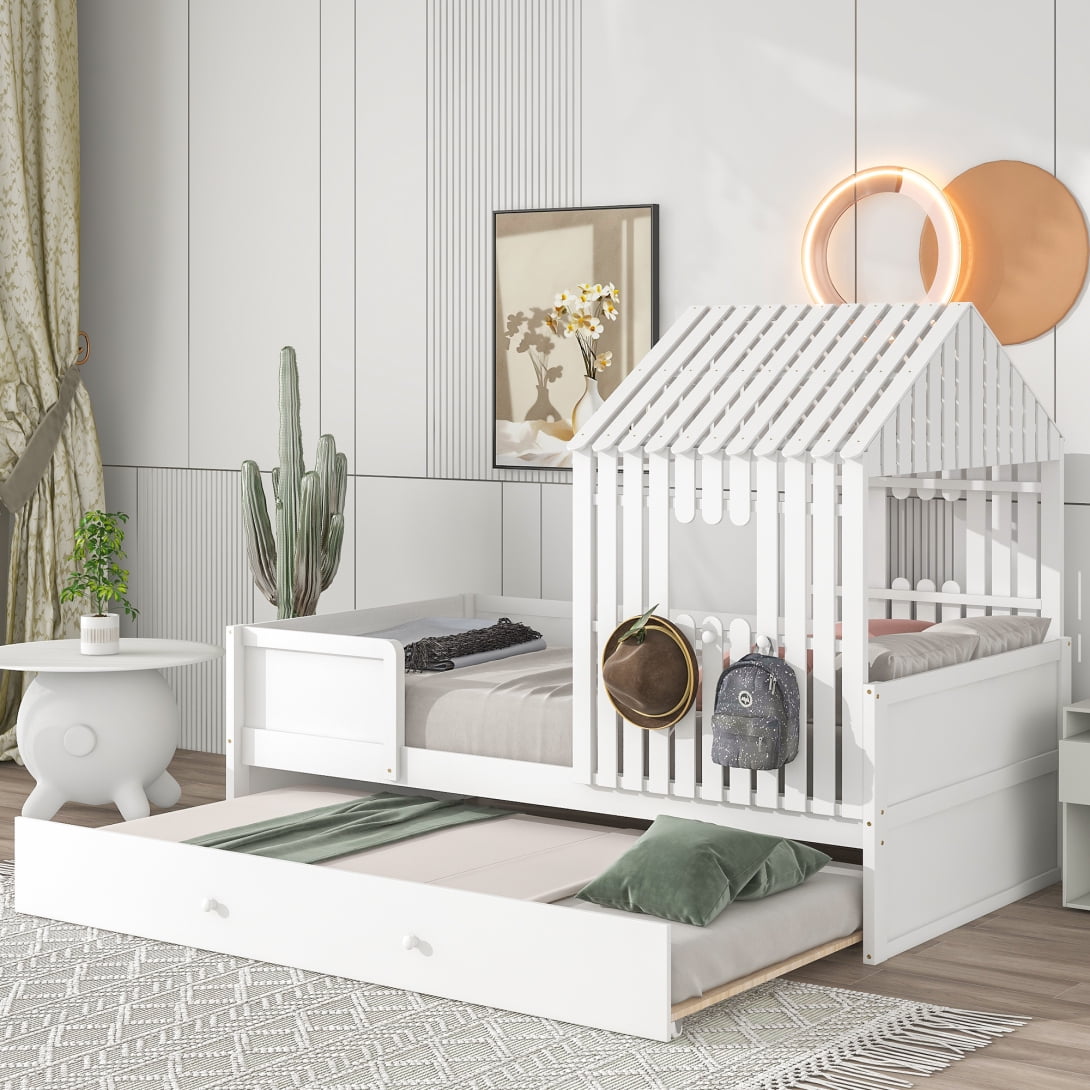 Twin Size Eaves Shape House Bed with Windows and Trundle, Low Loft