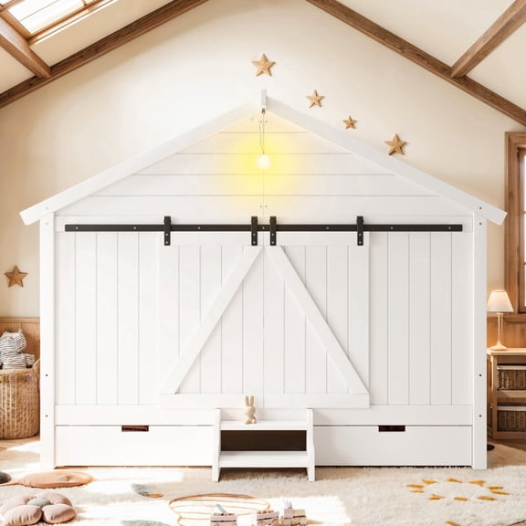 Twin Size Farmhouse Bed Frame with Sliding Barn Door and Light Bulb, Wood house Bed Frame with Stair and Drawers for Bedroom, Apartment, Guest Room, Easy Assembly, Mattress Not Included, White