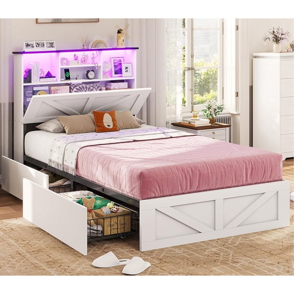 Twin Size Farmhouse Bed Frame with Bookcase Headboard and 4 Drawers, No Box Spring Needed, LED Wood Platform Storage Bed, White
