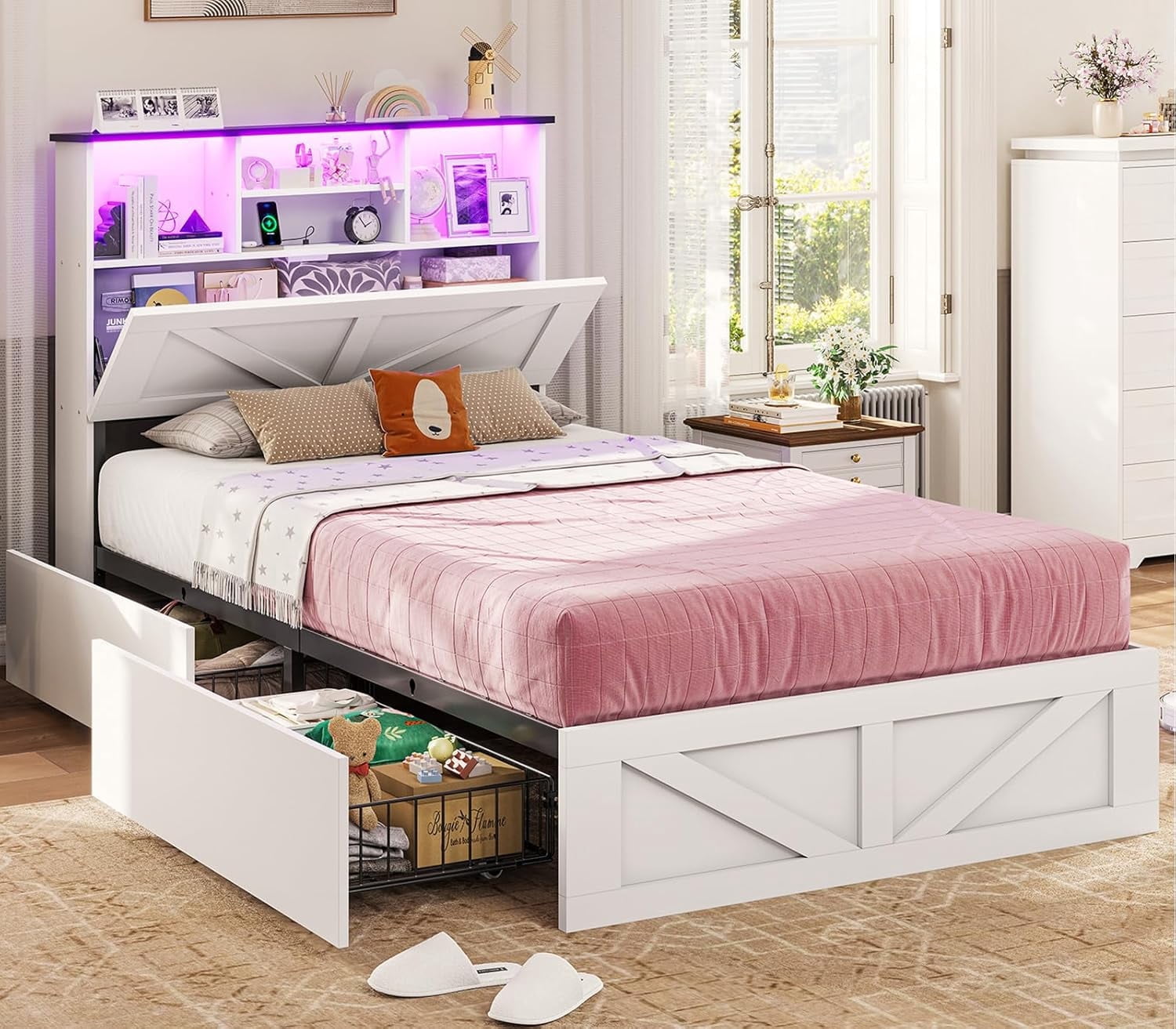 Twin Size Farmhouse Bed Frame with Bookcase Headboard and 4 Drawers, No ...