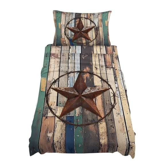 Twin Size Farmhouse Country Star Sheet Sets Texas Star Shabby Wood Grain Soft Breathable Microfiber Bed Sheets Deep Pockets 4 Piece Bed Sheets Set, 1 Fitted Sheet, 1 Flat Sheet & 1 Pillowcases