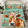 Twin Size Farmhouse Cow Print Bed Sheets Floral Bull Wild Animal Fitted
