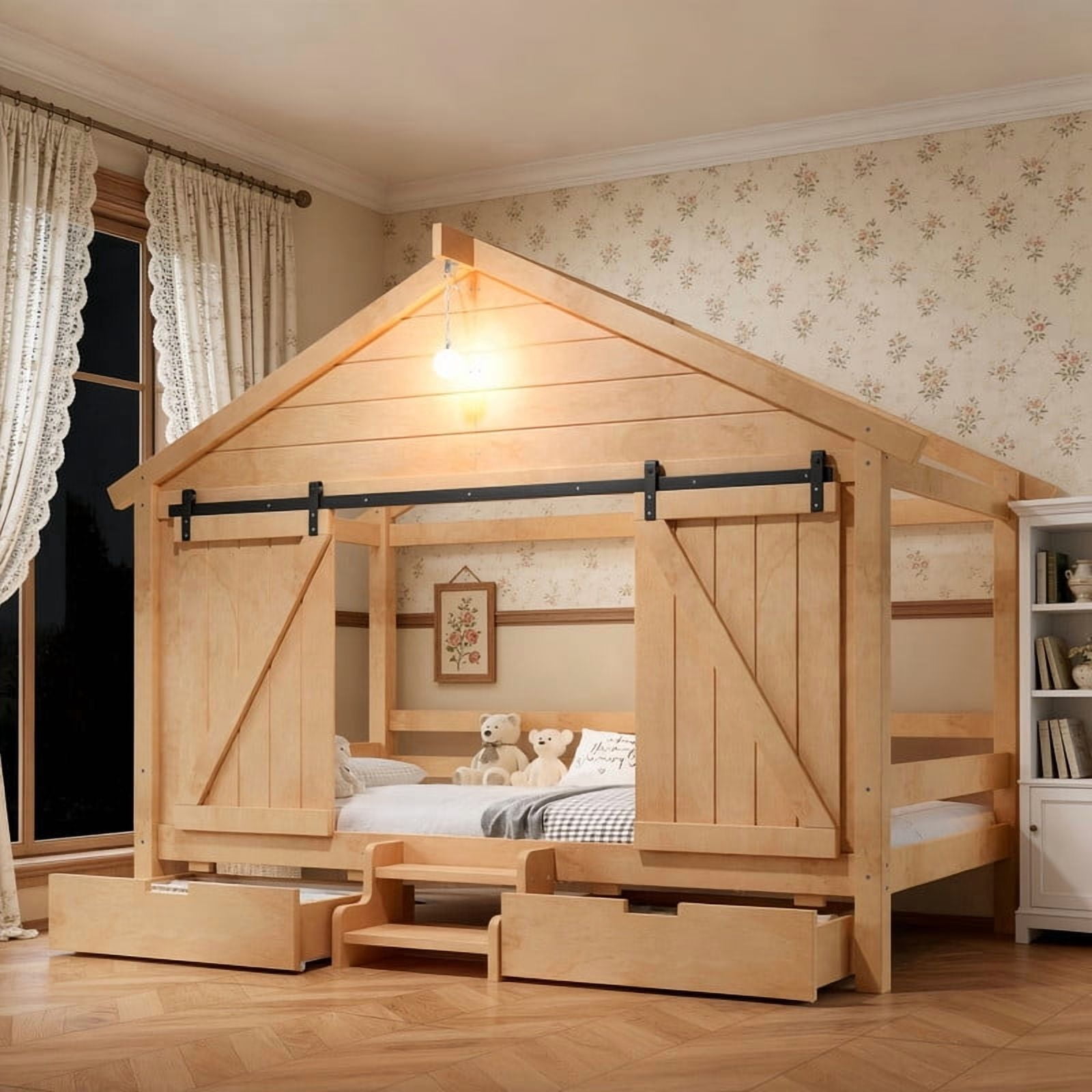 Twin Size Farmhouse House Bed with Sliding Barn Doors & Light Bulb, Wood Kid's Platform Bed Frame with Stair & Drawers