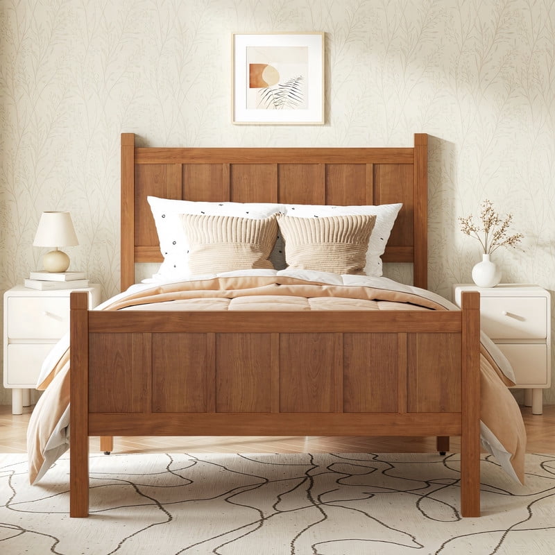Twin Size Farmhouse Platform Bed with Flat Panel Designed Headboard & Footboard, Minimalist Wood Bed Frame with Under-Bed Storage