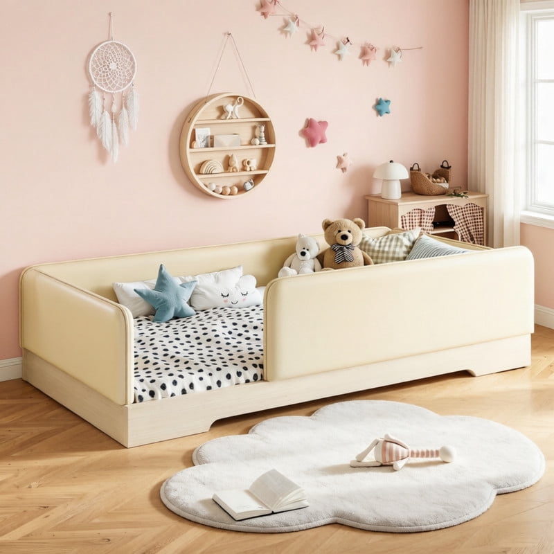 Twin Size Faux Leather Upholstered Floor Bed, Kids Montessori Bed Frame with Removable Guardrail, Low Profile Platform Bed