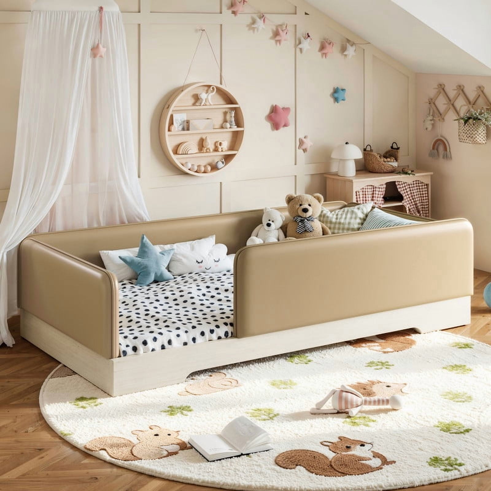 Twin Size Faux Leather Upholstered Floor Bed, Kids Montessori Bed Frame with Removable Guardrail, Low Profile Platform Bed