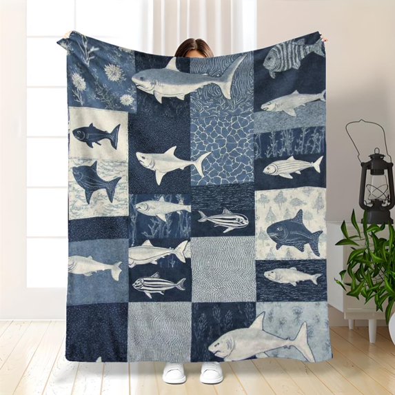 Twin-Size Flannel Throw Blanket with Oceanic Mosaic Design | Soft Polyester, Sharks, Fish & Coral Patterns in Blue and White, 280gsm, Perfect for Bed, Couch, or Camping