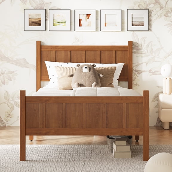 Twin Size Flat Panel Platform Bed with Headboard - Light Walnut Finish