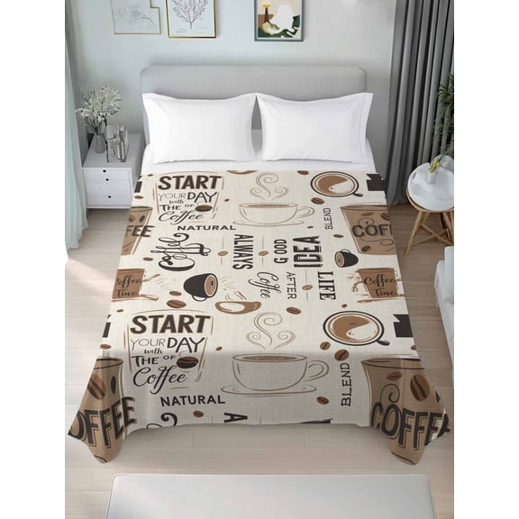 Twin Size Flat Sheet Only,Cafe Coffee Bean Letter Back Soft Top Bed Sheets Breathable Bedding Sheet Graffiti Abstract Art Microfiber Hotel Luxury Top Sheets