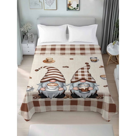 Twin Size Flat Sheet Only,Coffee Cup Beans on Vintage Linen Soft Top Bed Sheets Breathable Bedding Sheet Gnomes Brown Plaid Microfiber Hotel Luxury Top Sheets