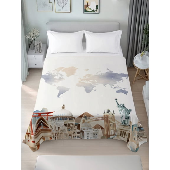 Twin Size Flat Sheet Only,Retro Maps of The World Tourism Soft Top Bed Sheets Breathable Bedding Sheet Abstract Graffiti Texture Microfiber Hotel Luxury Top Sheets