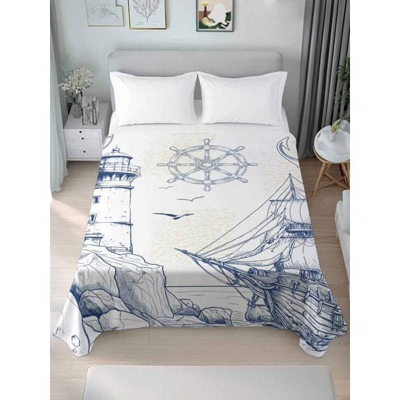 Twin Size Flat Sheet Only,Summer Coastal Retro Lighthouse Soft Top Bed Sheets Breathable Bedding Sheet Sailboat Compass Anchor Microfiber Hotel Luxury Top Sheets