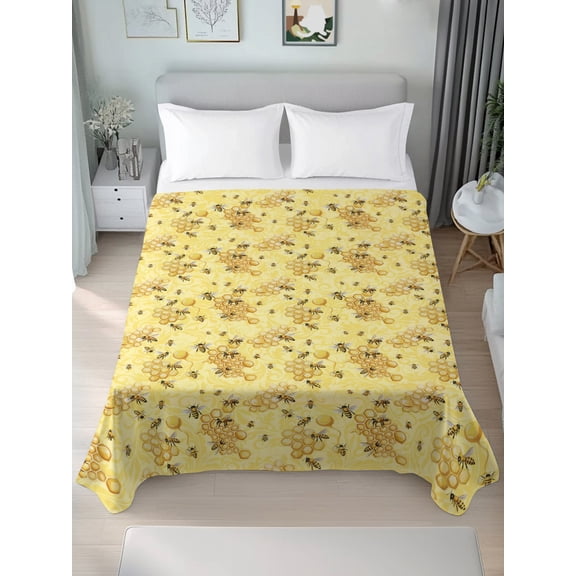 Twin Size Flat Sheet Only,Watercolor Farm Insects Bees Soft Top Bed Sheets Breathable Bedding Sheet Yellow Bee Nests Microfiber Hotel Luxury Top Sheets