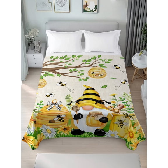 Twin Size Flat Sheet Only,Yellow Gnome Bee Flower Leaf Soft Top Bed Sheets Breathable Bedding Sheet Farmhouse Pastoral Theme Microfiber Hotel Luxury Top Sheets