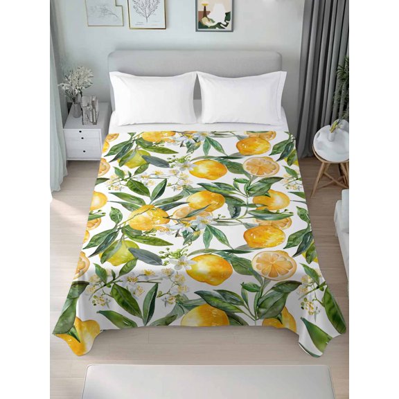 Twin Size Flat Sheet Only,Yellow Lemon Green Leaves Flowers Soft Top Bed Sheets Breathable Bedding Sheet Summer Fruit Watercolor Microfiber Hotel Luxury Top Sheets