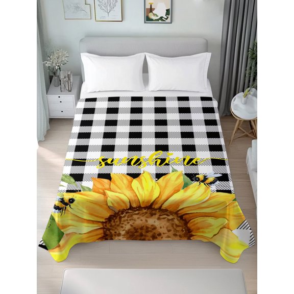 Twin Size Flat Sheet Only,Yellow Sunflower Sunshine Black White Checker Soft Top Bed Sheets Breathable Bedding Sheet Watercolor Floral Bee Microfiber Hotel Luxury Top Sheets