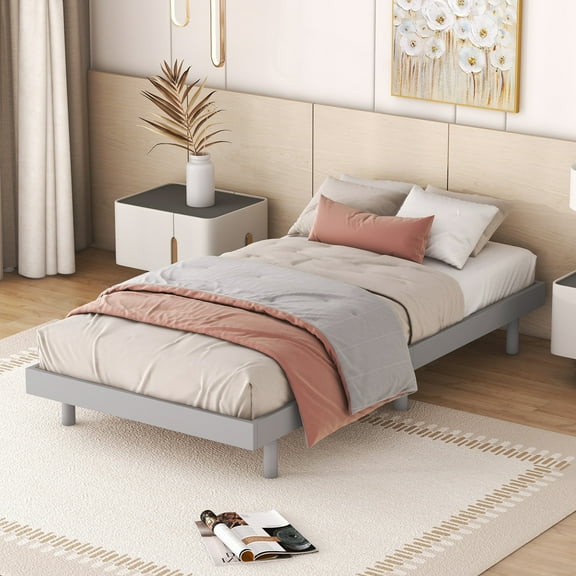 Twin Size Floating Bed Frame, Modern Low Bed Frame, No Spring Mattress Required, Gray