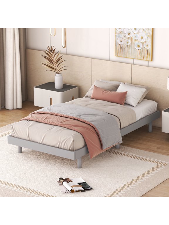 Twin Size Floating Bed Frame, Modern Low Bed Frame, No Spring Mattress Required, Gray