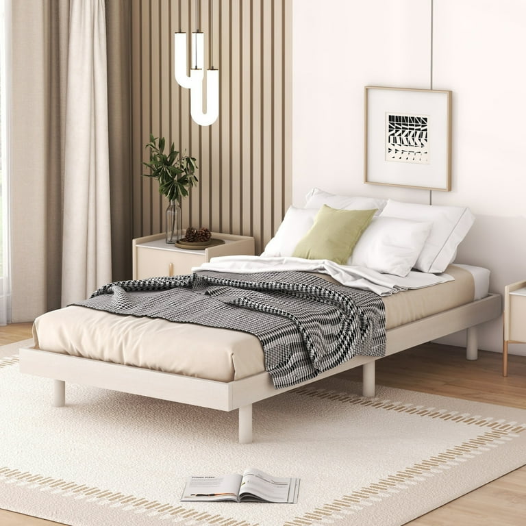 Twin Size Floating Bed with 6 bed legs Modern Design Wood Platform Bed Frame for Children Teens Adults No Box Spring Needed White