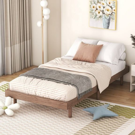 Twin-Size Floating Platform Bed Frame, Modern Low Bed Frame, No Spring Mattress Required, Walnut Color